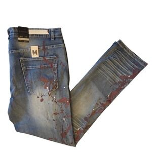 M. Society Men Blue Distressed Paint Splatter Skinny Jeans MS-13185 42x32 NEW